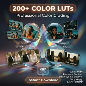 May include: A digital product display featuring 200+ Color LUTs for professional color grading. The graphic includes four circular frames showcasing various photo styles like teal and orange, moody dark, wedding, and film-inspired, with text labels.