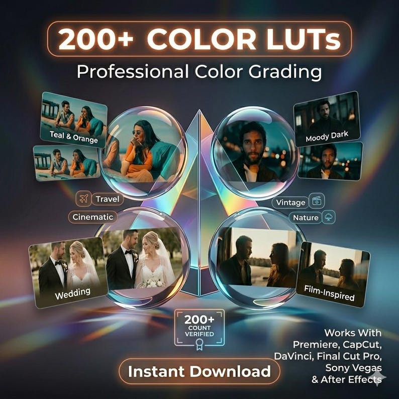 May include: A digital product display featuring 200+ Color LUTs for professional color grading. The graphic includes four circular frames showcasing various photo styles like teal and orange, moody dark, wedding, and film-inspired, with text labels.