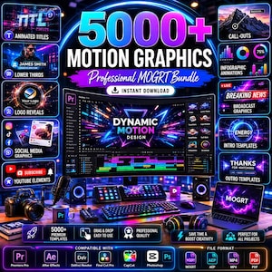 May include: A digital advertisement for a 5000+ motion graphics bundle featuring a curved computer monitor displaying dynamic motion design, surrounded by various software icons, video editing equipment, and text labels for animated titles, call-outs, and templates.