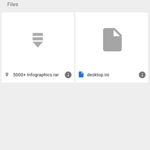 May include: A digital file manager interface displaying a folder titled 5000+ Infographics. The screen shows two file icons: a gray compressed archive icon labeled 5000+ Infographics.rar and a gray document icon labeled desktop.ini.