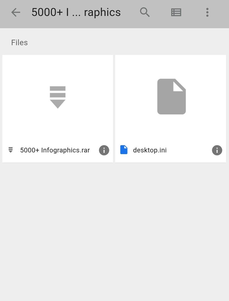 May include: A digital file manager interface displaying a folder titled 5000+ Infographics. The screen shows two file icons: a gray compressed archive icon labeled 5000+ Infographics.rar and a gray document icon labeled desktop.ini.