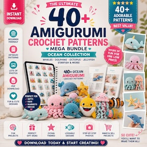 May include: A digital bundle of 40+ amigurumi crochet patterns featuring ocean creatures like whales, dolphins, octopuses, and jellyfish. The display includes a spiral-bound book, a tablet screen showing pattern thumbnails, and several finished plush toys.