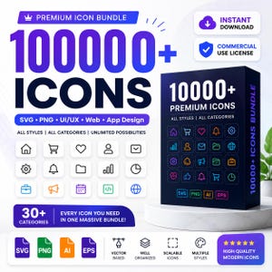 May include: A digital product advertisement for a bundle of 100,000+ icons, featuring a dark blue box with colorful icon samples, text labels including SVG, PNG, AI, and EPS, and badges for instant download and commercial use license.