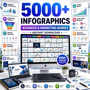 May include: A digital bundle of 5000+ infographics for business and marketing, displayed on a computer monitor and laptop screen. The set includes various charts, diagrams, and presentation templates, alongside a notebook and a black mug with text.