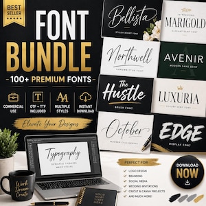 May include: A digital font bundle advertisement featuring the text FONT BUNDLE 100+ PREMIUM FONTS. The image displays various font styles including Bellista, Northwell, The Hustle, Luxuria, October, and Edge, alongside a laptop, a mug, and a notebook.