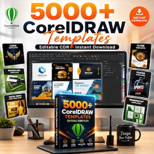 Puede incluir: Un monitor de computadora muestra varias plantillas de CorelDRAW, con una caja de 5000+ plantillas de CorelDRAW al frente. La imagen incluye ejemplos de logotipos, folletos, publicaciones en redes sociales y tarjetas de visita. También se ve una taza negra con el texto "Design Your Future".