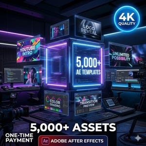 Op de afbeelding: Een digitale kunststudio-opstelling met meerdere computerschermen die interfaces van videobewerkingssoftware weergeven. De afbeelding benadrukt "5.000+ AE TEMPLATES" en "5.000+ ASSETS" met de tekst "ONE-TIME PAYMENT" en "ADOBE AFTER EFFECTS". Een "4K QUALITY"-badge is ook aanwezig.