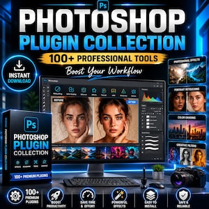 Puede incluir: Una pantalla de producto digital que presenta una colección de plugins de Photoshop. La imagen muestra un monitor de computadora con software de edición de fotos, retratos de antes y después, una caja de software y paneles laterales.