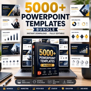 May include: A laptop displays a presentation with the text "5000+ PowerPoint Templates Bundle." A product box with the same text sits in front of the laptop. Various presentation slides are shown, with graphics and text related to business, marketing, and data analytics.