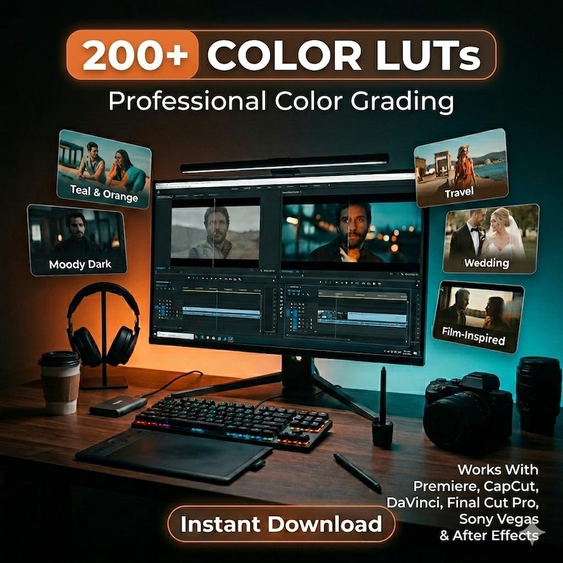 May include: A computer monitor displaying video editing software, surrounded by floating panels showing color grading examples. Text reads 200+ COLOR LUTs, Professional Color Grading, and lists compatible software like Premiere and CapCut.
