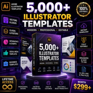5000+ Adobe Illustrator Templates Mega Bundle | Professional Vector Graphics, Logo Design Kit, Social Media Branding, Business Flyer, Icons