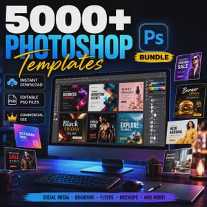 Könnte beinhalten: Ein Computermonitor zeigt verschiedene Photoshop-Vorlagen, darunter Social-Media-Posts und Flyer. Das Bild zeigt ein Bundle von über 5000 Vorlagen, mit dem Text "5000+ Photoshop Templates" im Vordergrund. Zusätzlicher Text beinhaltet "Sofort-Download" und "Kommerzielle Nutzung."