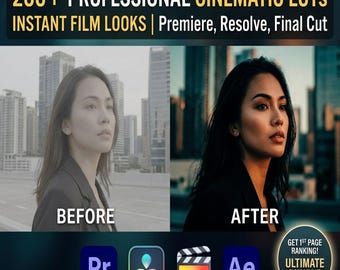 200+ Cinematic Color LUTs Pack for Premiere Pro, DaVinci Resolve, Final Cut | Professional Video Editing Filters,