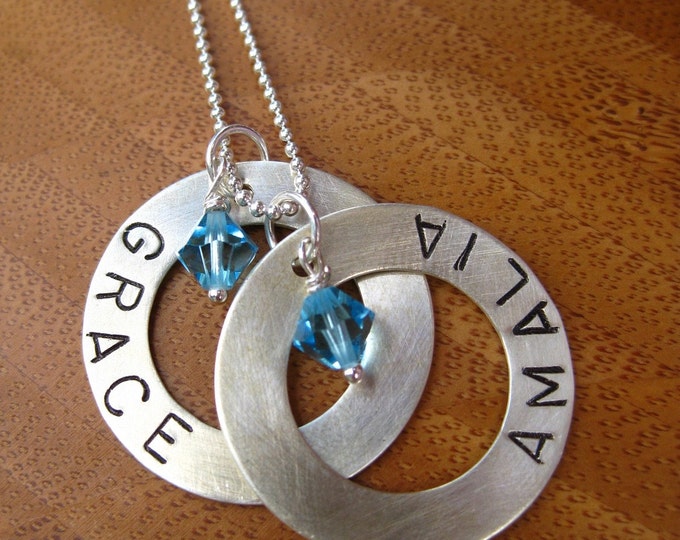 Custom Ring Sterling Necklace Two Names on Two Rings Hand Stamped by