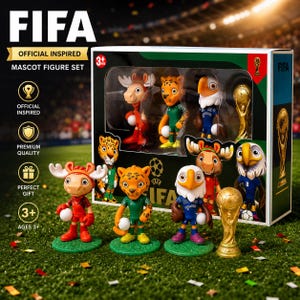 May include: A FIFA Mascot Figure Set featuring several colorful cartoon animal figures, including a moose, a leopard, and an eagle, each holding a soccer ball. The set also includes a golden trophy. The box reads "OFFICIAL INSPIRED MASCOT FIGURE SET".