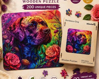 Rompecabezas de madera Flower Dog de 200 piezas – Rompecabezas colorido con forma de animal / Rompecabezas artístico único / Regalo para adultos / Decoración del hogar
