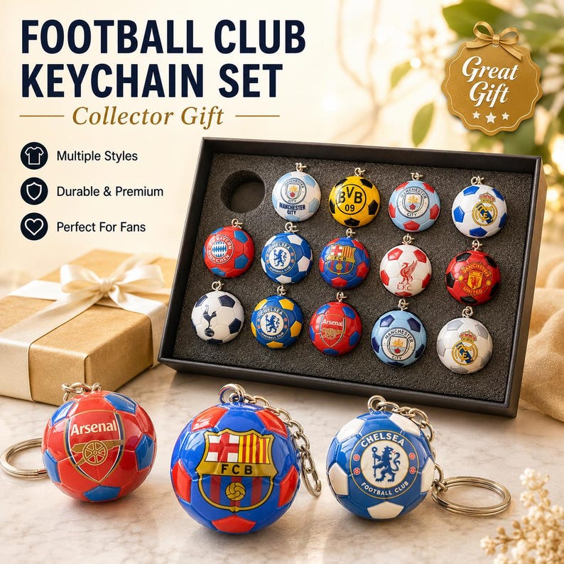 Puede incluir: Una colecci&oacute;n de llaveros de clubes de f&uacute;tbol con balones de f&uacute;tbol en miniatura y varios logotipos de equipos. El set incluye doce llaveros en una caja de presentaci&oacute;n con espuma negra, con tres llaveros adicionales delante.