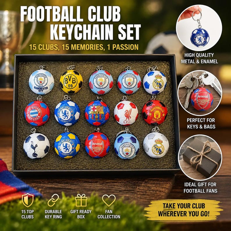 Puede incluir: Un set de 15 llaveros redondos de metal y esmalte, cada uno con el logotipo de un club de f&uacute;tbol profesional diferente sobre un dise&ntilde;o de bal&oacute;n. El conjunto incluye varios colores y emblemas de equipos, presentado en una caja negra con texto.