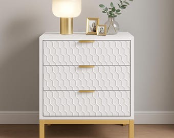 Modern White Nightstand with 3 Drawers – Textured Front & Gold Metal Legs