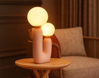 Modern Double Globe Table Lamp – Sculptural Ceramic Light with Frosted Glass Shades – Unique Artistic Lamp for Bedroom or Living Room
