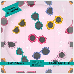 May include: A seamless pattern featuring various sunglasses in heart, flower, and round shapes. The sunglasses are in shades of pink, yellow, blue, and teal, with dark lenses. The background is light pink with white starburst accents. Text includes "instant download", "hand drawn", "messy bun markers", and "seamless file".