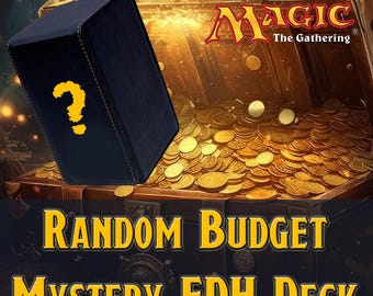 May include: A black card case with a yellow question mark, set against a treasure chest overflowing with gold coins. The text "RANDOM BUDGET MYSTERY EDH DECK" is displayed below, with the Magic: The Gathering logo in the background.