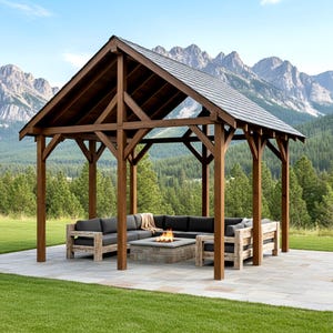 DIY Sturdy 16ft Wooden Pavilion with Roof Blueprint Plans Build Instruction Design Guide:Patio Deck Pool Backyard Canopy Shelter Pergola PDF