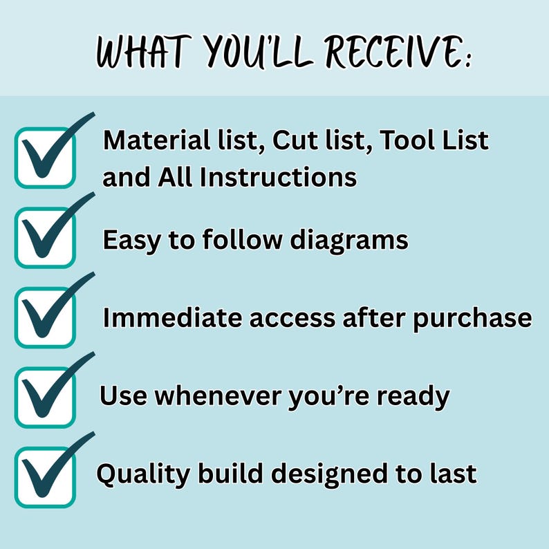 May include: A teal background with white text that reads "WHAT YOU'LL RECEIVE:" followed by a list of items. Each item has a checkmark in a teal box. The list includes material and tool lists, diagrams, and immediate access.