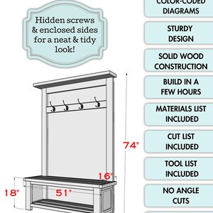 May include: A diagram of an entry way hall tree with dimensions. The hall tree includes a bench, hooks, and a top shelf. The dimensions are 74 inches high, 51 inches wide, and 16 inches deep. The bench is 18 inches high.