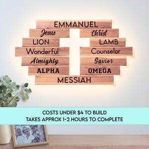 Guia digital em PDF para download de projetos fáceis de construção de uma cruz aberta de madeira: Decoração de parede rústica com versículo bíblico de Jesus para cristãos