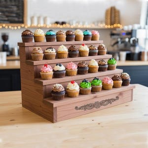 May include: A tiered wooden cupcake display stand holding an assortment of cupcakes with various frosting colors and toppings. The stand has a decorative design on the front and is made of light brown wood.
