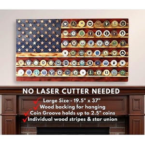以下が含まれることがあります： コインを収納するように設計された、木製の米国旗型のディスプレイケース。サイズは約49.5cm x 94cm。青い星のフィールドと赤と自然な木製のストライプがあります。「NO LASER CUTTER NEEDED」というテキストが表示されます。