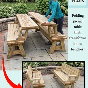 Peut inclure: Une table de pique-nique pliante en bois se transformant en deux bancs. La table et les bancs sont en bois de couleur claire et sont posés sur un patio en pierre. Le texte "Build Plans" est inclus.