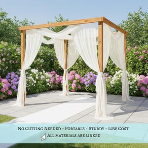 May include: A wooden wedding arbor with white draping fabric. The arbor is set on a stone patio with a white aisle runner, surrounded by colorful flowers and greenery. The arbor has a rectangular frame.