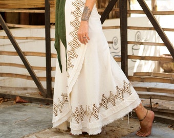 langer Wickelrock Baumwolle mit Fransen und  handgemachten, geometrischen Mustern