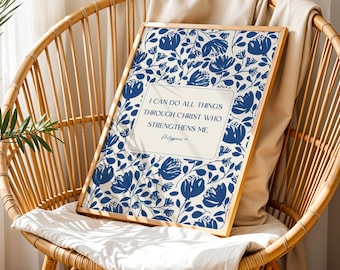 Philippians 4:13 Scripture Art Print, Blue Floral Bible Verse Poster | Customizable