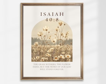 Isaiah 40:8 Bible Verse Floral Wall Art Print, Botanical Scripture Poster, Christian Home Decor