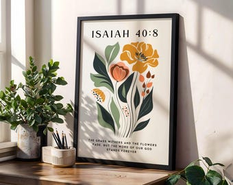 Kwiatowy wydruk z Księgi Izajasza 40:8, Chrześcijańska sztuka botaniczna (Giclée)