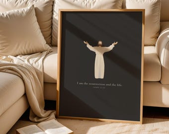 I Am the Resurrection and the Life Christian Wall Art, Minimal Jesus Illustration Print