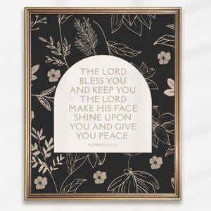 Numbers 6:24-26 Blessing Scripture Print, Black Botanical Christian Wall Art