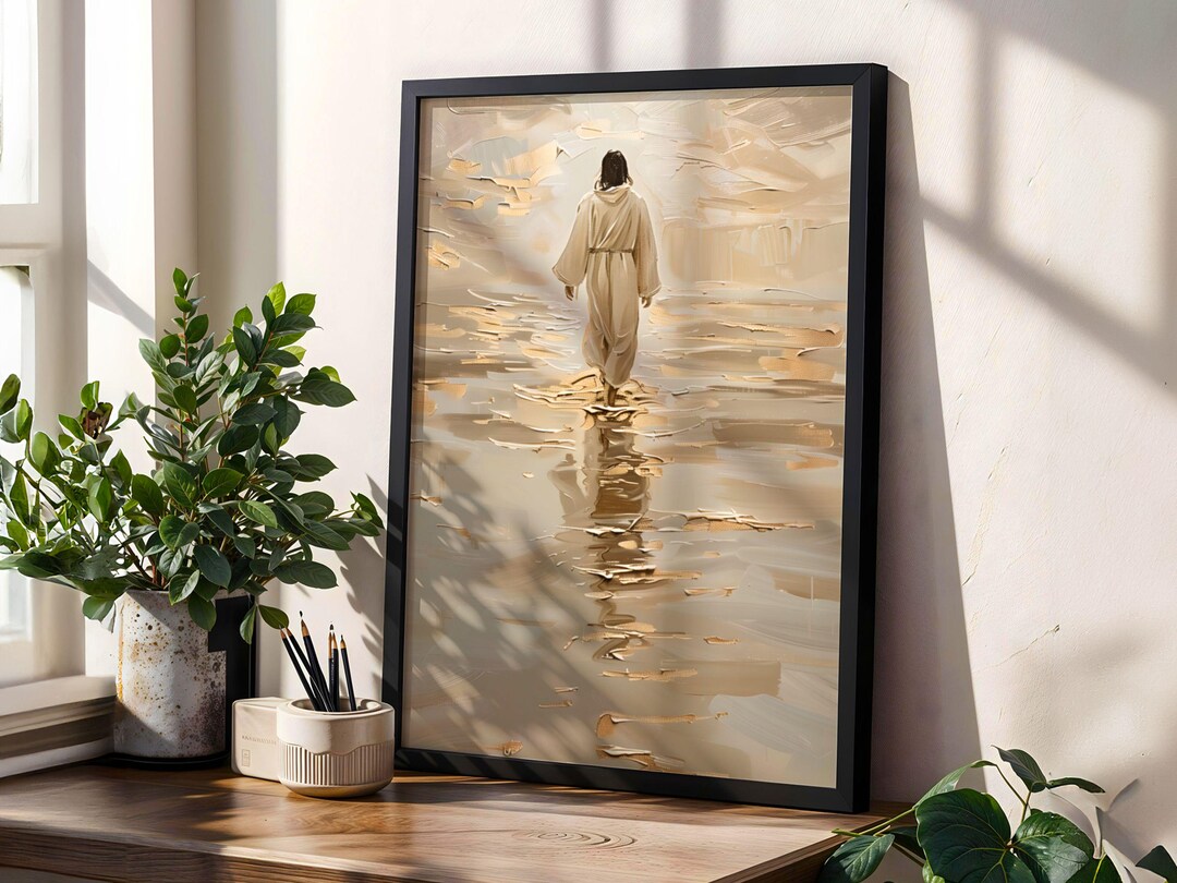 Jesus Walking on Water Print: Beige & Gold Christian Scripture Art - Etsy