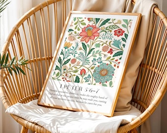 Floral Bible Verse Print – 1 Peter 5:6-7 Scripture, Christian Wall Art | Customizable