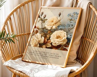 Op de afbeelding: Een ingelijste bloemenprint met crèmekleurige rozen en blauwe bloemen. Het kunstwerk heeft de tekst "I HAVE LOVED YOU WITH AN EVERLASTING LOVE..." De print wordt gepresenteerd op een rotan stoel.