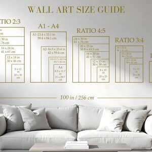 May include: Wall art size guide with dimensions in inches and centimeters. Displays various aspect ratios: 2:3, 4:5, 3:4, and 11x14, along with A1-A4 sizes. The guide is displayed above a white sofa.