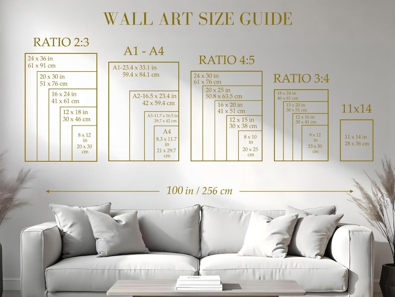 May include: Wall art size guide with dimensions in inches and centimeters. Displays various aspect ratios: 2:3, 4:5, 3:4, and 11x14, along with A1-A4 sizes. The guide is displayed above a white sofa.