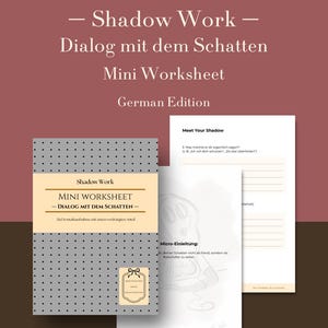 Könnte beinhalten: Ein Mini-Arbeitsblatt mit dem Titel "Shadow Work - Dialog mit dem Schatten" auf Deutsch. Das Cover ist grau mit schwarzen Punkten und einem beigen Etikett. Innenseiten enthalten Fragen und eine Gesichtszeichnung.