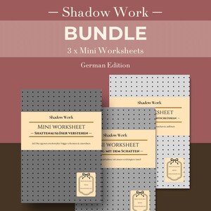 Könnte beinhalten: Ein Bundle aus drei Mini-Arbeitsblättern mit dem Titel "Shadow Work" in einer deutschen Ausgabe. Die Arbeitsblätter haben einen dunkelgrauen Hintergrund mit einem gepunkteten Muster und beigen Etiketten. Der Text auf den Arbeitsblättern ist auf Deutsch.