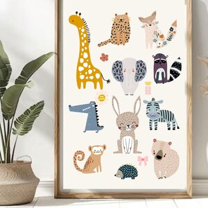 Póster de animales de la selva - Póster infantil de animales salvajes - Póster de animales tiernos - Ilustración de animales para habitación de bebé - Póster divertido