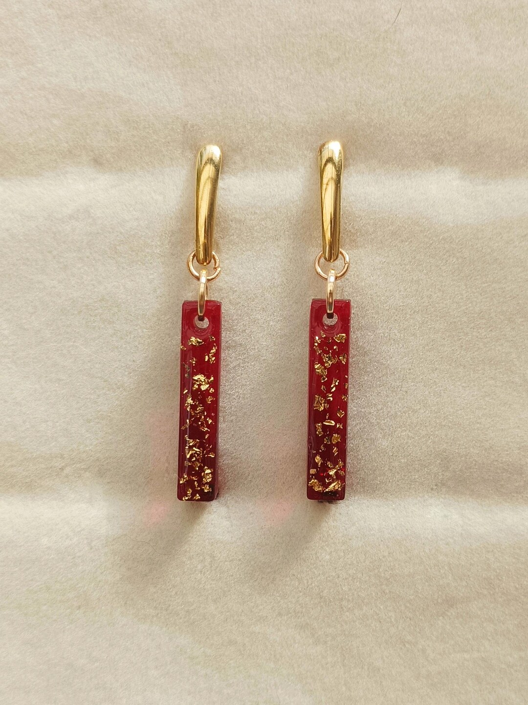 Ruby Red Resin Dangle Earrings With Gold Flakes, Handmade - Etsy
