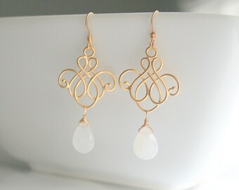Gold chandelier, white chalcedony, bridal, earrings - NICOLE